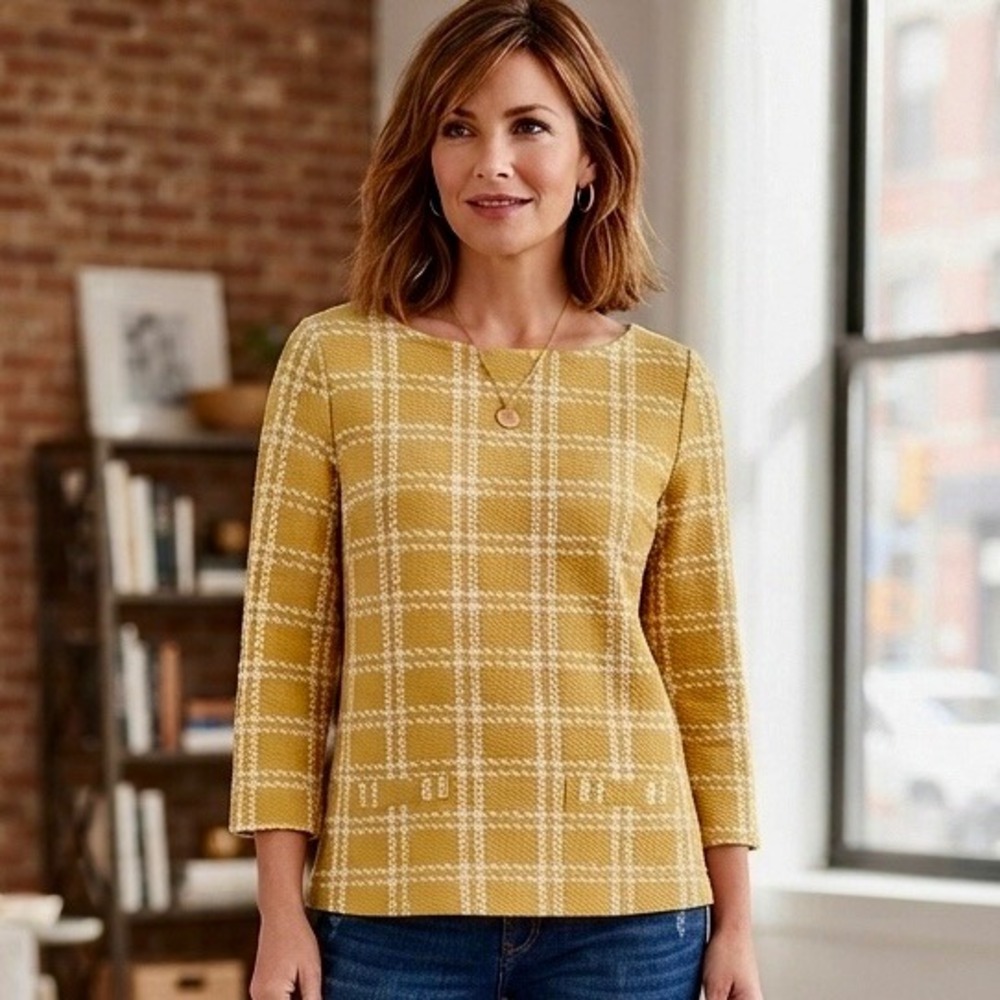 Ann Taylor Women Mustard Yellow White Grid Boatneck 3/4 Sleeve Knit Top Medium